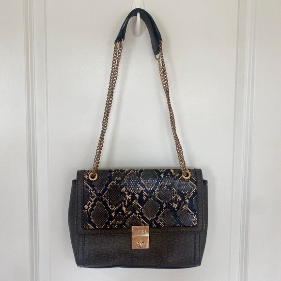 Vintage Guess Leather Purse Snakeskin Logo Chain READ - Picture 2 of 8
